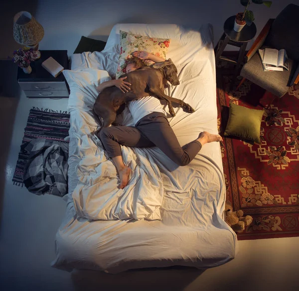 Potret seorang wanita, perempuan peternak tidur di tempat tidur dengan anjingnya di rumah — Stok Foto