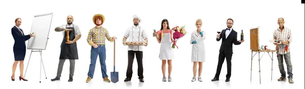 Grupo de personas con diferentes profesiones aisladas en el fondo blanco del estudio, horizontal — Foto de Stock