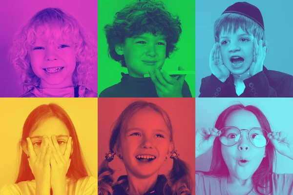 Kollázs kisfiúk és lányok fényes arckifejezéssel sokszínű háttérrel. Trendy duoton hatás. — Stock Fotó