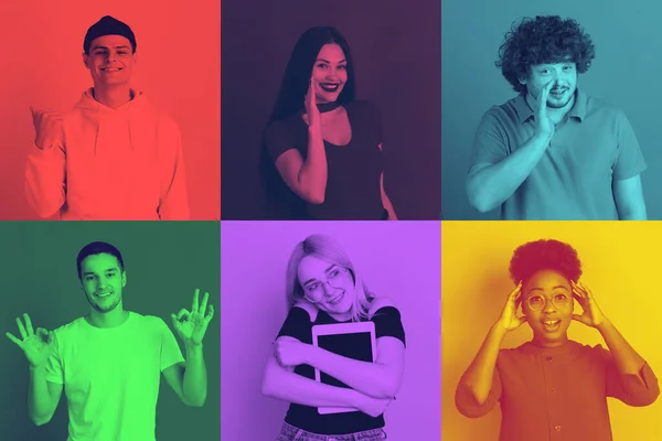 Colagem de jovens com expressão facial brilhante em fundo multicolorido. Efeito duotone na moda — Fotografia de Stock