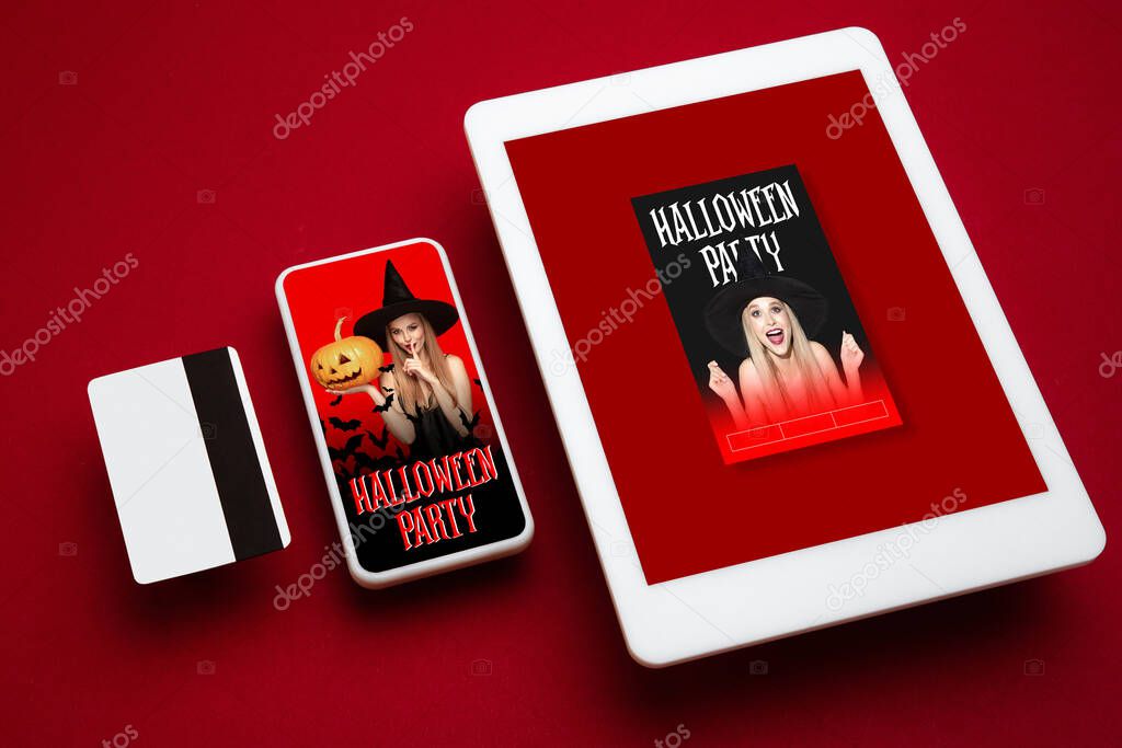 Young woman in hat as a witch on device screen and red background, mock up with copyspace