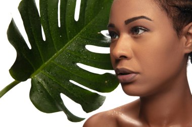Beyaz stüdyo arka planında izole edilmiş güzel bir Afro-Amerikan kadının portresi. Güzellik, moda, cilt bakımı, kozmetik konsepti.
