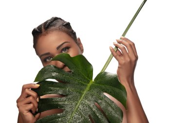 Beyaz stüdyo arka planında izole edilmiş güzel bir Afro-Amerikan kadının portresi. Güzellik, moda, cilt bakımı, kozmetik konsepti.