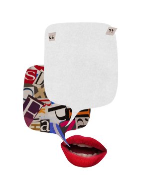 Parlak kolaj. Kolaj konuşma baloncuklu kırmızı dudaklar ve medya iletişim tasarımı için kopyalama alanı. Gazetecilik, ifade, editoryal markalaşma ve yaratıcı hikaye anlatımı kavramı.