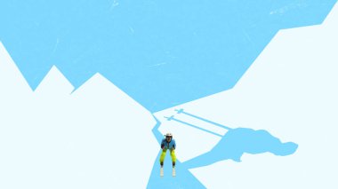 Parlak kolaj. Kayakçı, parlak karlı arka planda güçlü bir gölgeyle iniyor. Alp kayağı, kış enerjisi, açık hava yaşam tarzı, kararlılık ve spor dinamikleri kavramı