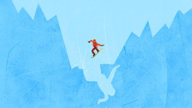 Soyut dağ manzarasının üzerinde koyu gölgeli havada uçan snowboardcu kolajı. Macera kavramı, özgürlük, kış yarışması, adrenalin ve tasarımda yaratıcı spor hikayeleri..
