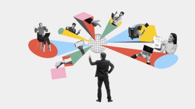 Yöneticinin farklı ruh hallerinde görev yapan uzak işçilerle dijital küreyi işaret ettiği ticari bir video. Uzak takım yönetimi kavramı, dijital işbirliği, melez proje çalışma akışı.