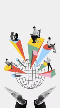 Uzaktan kumandalı profesyonellerin dünyanın üzerinde iki elle tutulan dizüstü bilgisayarlarla çalıştıkları promosyon videoları. Dağılmış takım çalışması kavramı, melez proje koordinasyonu, küresel iletişim, yumuşak beceri geliştirme.