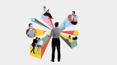 Kısa ürün videosu. Merkezde duran işadamı, dış kaynak kullanımı, işbirliği, çoklu görev ve üretkenliği sembolize eden soyut yapılar üzerine uzak ekibe görevler veriyor..