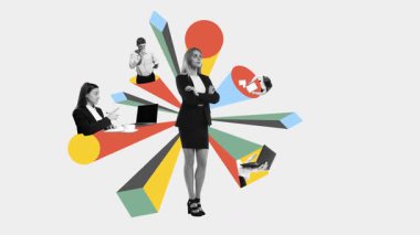 Animasyon reklamı. Dağılmış takım çalışması, delegasyon, liderlik ve kurumsal stratejide dış kaynak kullanımını gösteren canlı ışınlarla çevrili kendinden emin iş kadını..