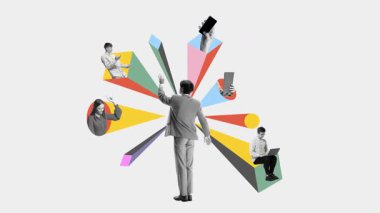 Döngü animasyonu. Erkek yönetici, dinamik dış kaynak ortamında serbest çalışanlara, mobil işçilere ve teknolojik araçlara bağlı canlı şekillerde uzaktan iletişimi koordine ediyor..