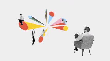 Yaratıcı video reklamı. Sandalyedeki adam soyut görev akışını ve iş süreçlerindeki uzak çalışanları izliyor. Uzaktan proje koordinasyonu. Sorumluluk kavramı, iş akışı, dış kaynak kullanımı, yönetim