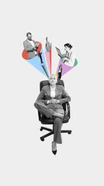 Moda reklamı. Dağıtılan işbirlikçilerle, dijital araçlarla ve serbest girişlerle canlı bağlantıları olan merkezi kadın lider. Dış kaynak kullanımı, liderlik, uzak çalışma kültürü kavramı