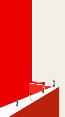 Yaratıcı kolaj. İnsanlar, kariyer gelişimini ve esnekliği simgeleyen soyut kırmızı yola tırmanıyorlar. Motivasyon, strateji, şehir psikolojisi, iş geliştirme ve kişisel gelişim koçluğu kavramı.