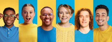 Çeşitlilik ve neşe ifade eden altı kişinin portreleriyle çok renkli kolaj. Eşitlik, kapsayıcılık, modern kimlik, toplum değerleri ve olumlu duygular kavramı.