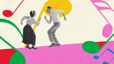 Çağdaş kolaj. Renkli müzik notaları üzerinde enerjiyle dans eden çift. Canlı müzik festivalleri, swing okulları, nostalji reklamları ve sosyal kentsel kültür projeleri kavramı.