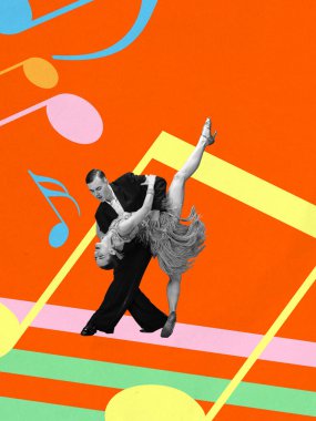 Modern kolaj. Altın elbiseli dans partnerleri turuncu müzikal arka planda dans ediyorlar. Retro müzikal kavramı, yayın kültürü özellikleri, nostalji pazarlaması ve yaşam tarzı markalaşması..