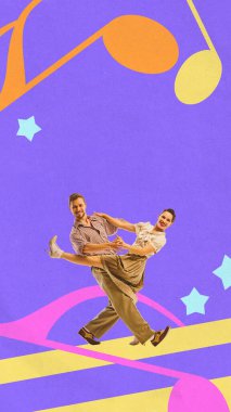 Canlı bir kompozisyon. Mor müzik arka planında dinamik pozlarda dans eden çift. Retro müzik kültürü, festival posterleri, nostaljik pazarlama ve neşeli performans markalaşması kavramı..
