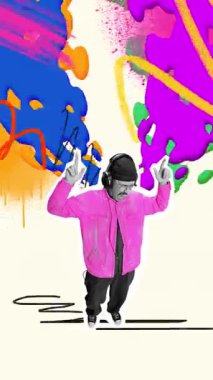 Kulaklık ve renkli ses dalgalarıyla dans eden adamın hareketli animasyonunu durdurun. Müzik kavramı, kendini ifade etme, modern kültür, sanat yönetmenliği ve yaratıcı yaşam tarzı..