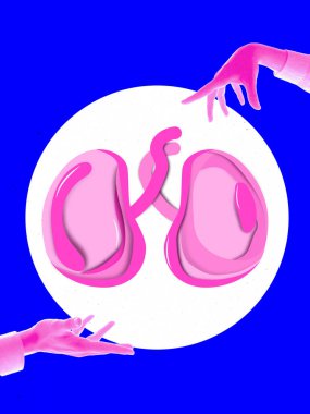 Grafik kompozisyonu. Soyut pembe böbrekler ellerle daire çiziyor. İlaç ve sağlık sigortası kavramı, böbrek işlevi için ilaç kavramı ve hastalık önleme ile ilgili sosyal kampanyalar.