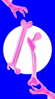 Bright digital collage of pink bones illustration in glowing circle with hands. Concept of medicine and healthcare, education in anatomy, and social campaigns about osteoporosis prevention.