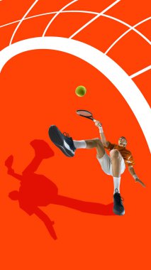 Cesur poster. Turuncu gömlekli tenisçi kıvrımlı kortla kırmızı soyut arkaplanda atletik çekim yapıyor. Dijital spor görselleri, markalaşma, reklam ve yaşam tarzı enerjisi kavramı.
