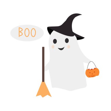 Beyaz arka planda izole edilmiş şirin bir hayalet. Çıkartmalar, yamalar ve tasarım için vektör çizimi. Cadılar bayramın kutlu olsun. Vektör EPS 10