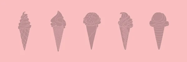 Conjunto Conos Helado Ilustración Vectorial Estilo Plano Simple Fondo Rosa — Archivo Imágenes Vectoriales