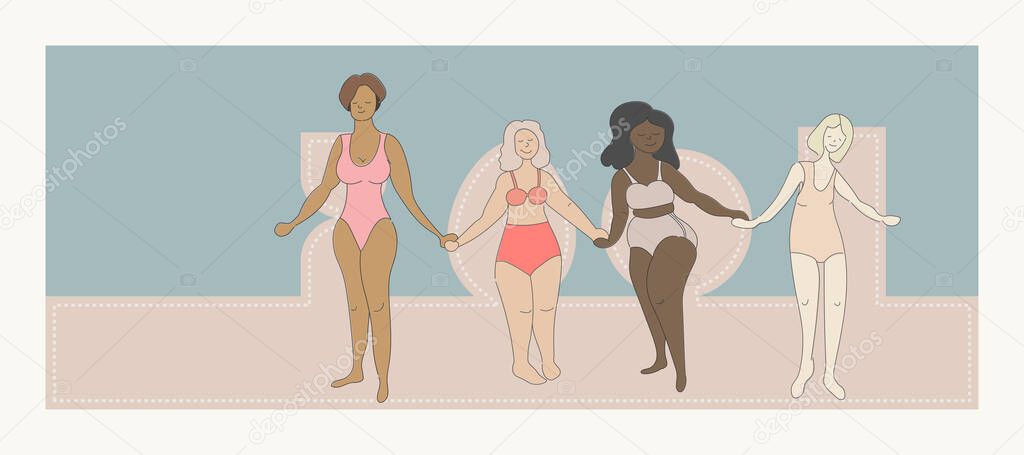 Women with different types of figures, different nationalities and different hair colors in swimsuits on the beach. Vector illustration in flat style pastel colors.