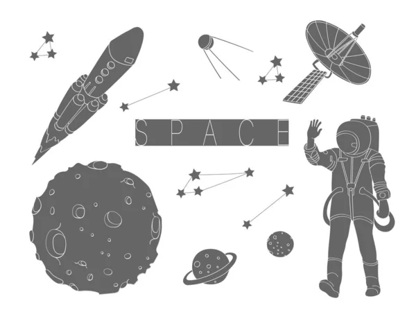 Vector set concept space. Astronaut, space rocket, planet, satellite, stars. Graphic icons for design, blogging, advertising. Simple, flat style, gray.