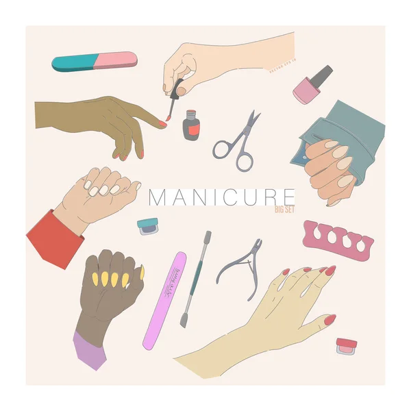 Grande Jogo Mãos Com Manicura Instrumentos Ilustração Vetorial Para Design —  Vetores de Stock