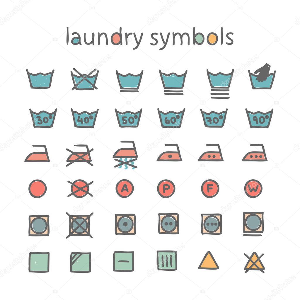 Vector set of laundry symbols. Garment care, recommendations for clothing labels. Laundry, ironing, dry cleaning, drying. Hand drawing, flat color style on a white background