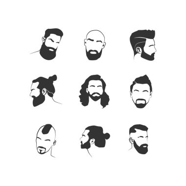 Saçlı ve sakallı stilize erkek yüzleri. Logo için vektör simgeleri, berber dükkanı. Erkek saç stili, sakal ve bıyık stili. Beyaz arka planda izole edilmiş. EPS 10
