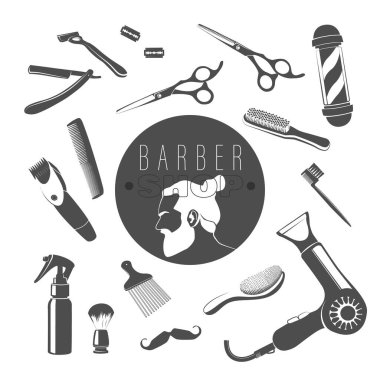 Berber dükkanının tasarımı için vektör elementleri. Sakallı adamların siluetleri ve berber aletleri. Beyaz arkaplan üzerinde izole edilmiş.
