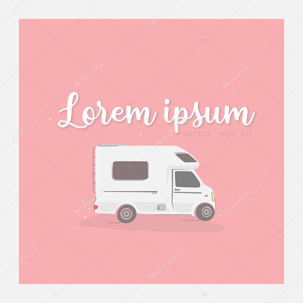 Vector illustration of camper cars. Mobile home travel concept; camping; car trip. Pastel shades; simple flat style for design, postcard, banner.