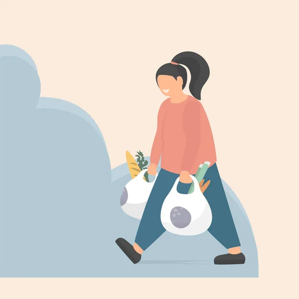 笑顔の女性は食料品とビニール袋を運ぶ スーパーマーケットからの買い物 ベクトルフラットスタイルイラスト — ストックベクタ