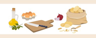 İspanyol patatesi omleti pişirmek için bir takım ürünler. Tortilla de patata. Zeytinyağı, soğan, patates, yumurta. Beyaz arkaplanda izole edilmiş düz biçimdeki vektör illüstrasyonu.