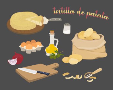İspanyol patatesli omlet malzemeleri - tortilla de patata. Zeytinyağı, soğan, patates, yumurta, kesim tahtası ve bıçak. Siyah arkaplanda vektör illüstrasyonu.