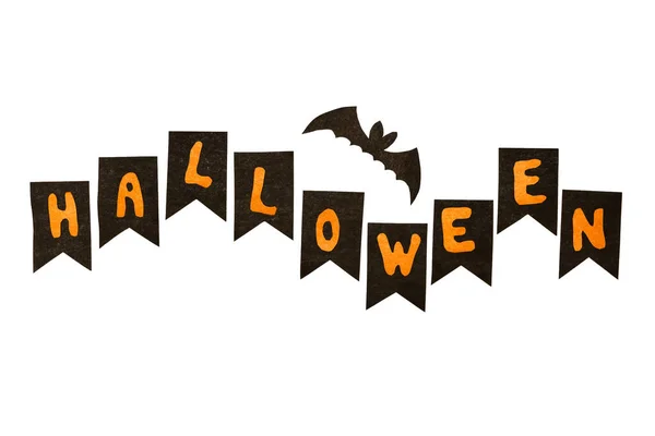 Frohes Halloween Mit Ausgeschnittenen Buchstaben Papierfledermaus Und Anderen Dekorationen Isoliert — Stockfoto