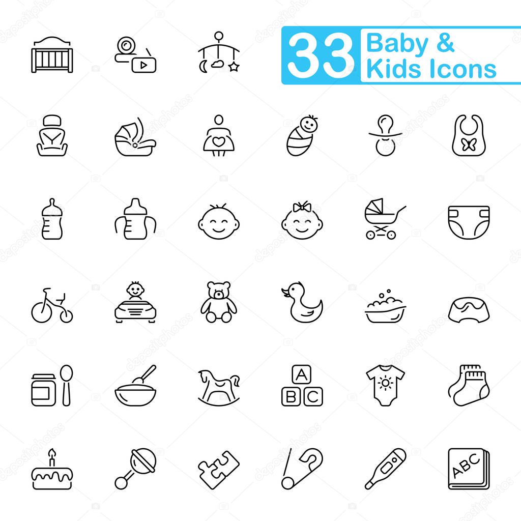 Baby and kids outline icons. Thin line vector icons.
