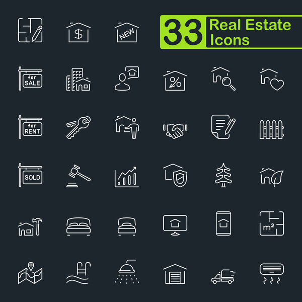 Real estate outline icons. Contains such icons as house, plan, bed, delivery, auction and more. Editable stroke. 32x32 pixel.