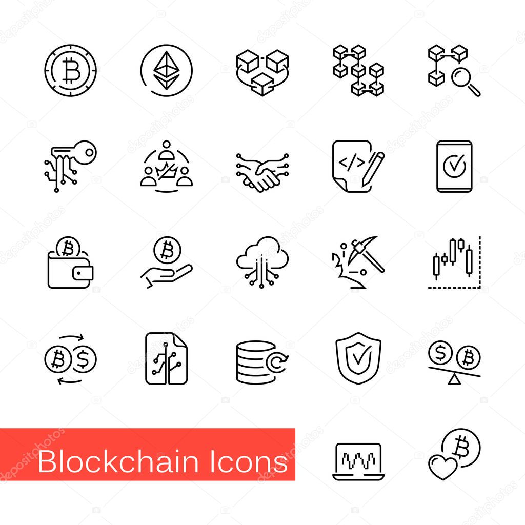 Set of 22 blockchain outline icons, vector illustrations. Contains such as: cryptocurrency, bitcoin, token, blockchain, smart contract, ethereum and more.