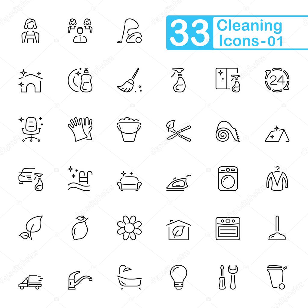 Cleaning outline icons. Set of cleaning outline icons, vector illustrations. Contains such as: window washing, household gloves, office cleaning, maid, washing up and more.