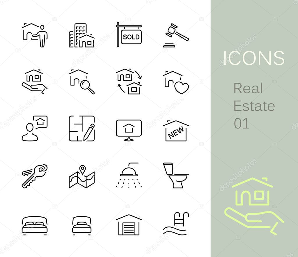Real estate outline icons. Set of 20 real estate outline icons, vector illustrations. Contains such as: new development, project, bathroom, home insurance, garage and more.