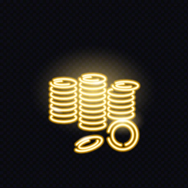 Neon glowing icon of stack of golden coins isolated on dark background. — Stock Vector