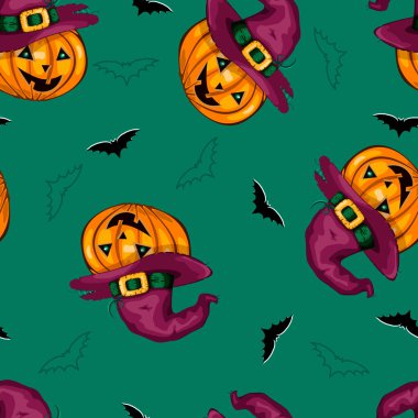 Cadılar bayramı balkabaklarıyla kusursuz desenli, neşeli yüzlü cadı şapkalı ve yeşil arkaplanlı yarasalar..