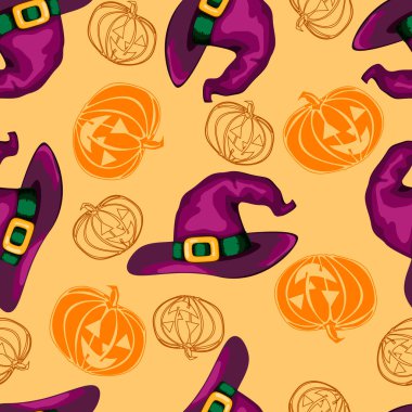 Cadı şapkaları ve turuncu arka planda balkabakları olan kusursuz Cadılar Bayramı deseni.