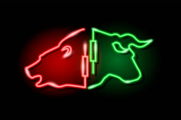 Neon silhouette of bull and bear heads with japanese candlestick symbol isolated on black background. — Stock Vector