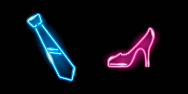 Icone Luminose Neon Scarpa Con Tacco Alto Rosa Cravatta Blu — Vettoriale Stock