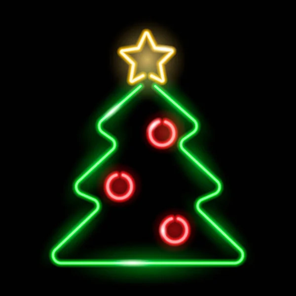 Neonová Ikona Vánočního Stromečku Zlatou Hvězdou Červenými Koulemi Izolovanými Černém — Stockový vektor